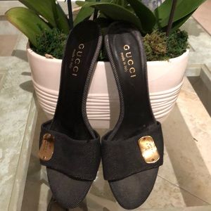 Gucci Black Denim Slide with label hardware logo